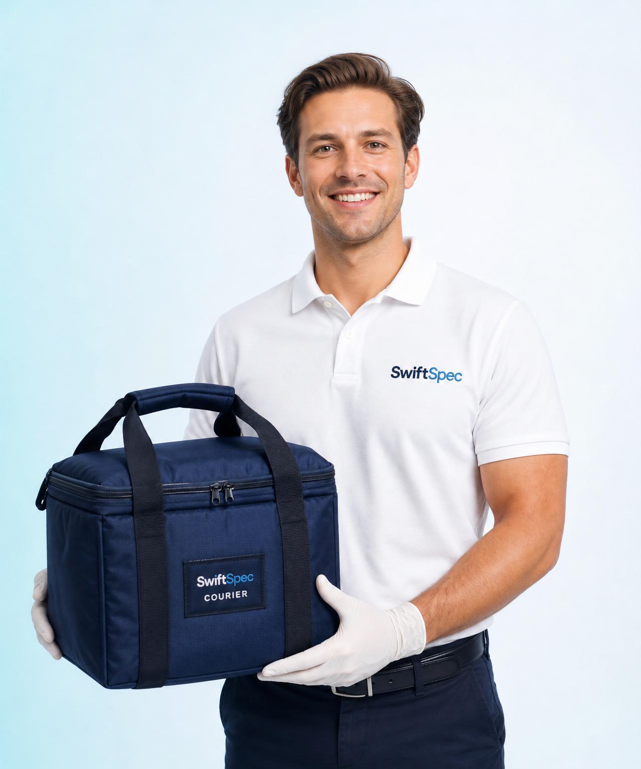 SwiftSpec medical courier in branded uniform holding a SwiftSpec insulated delivery bag